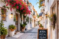 花の咲く街路を歩く旅のイメージ
