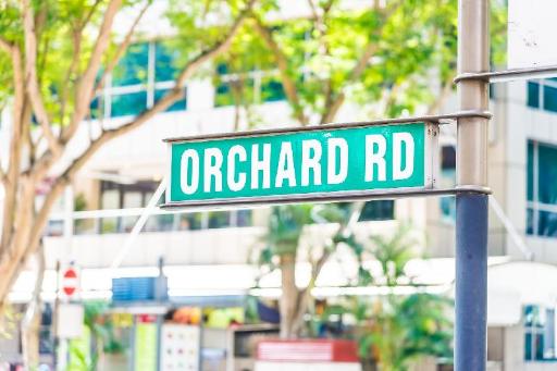 ORCHARD RDの道路標識と木々、商業ビルの昼景