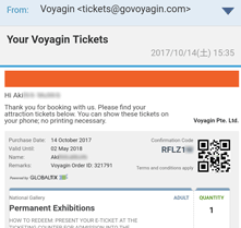 ナショナルギャラリーシンガポールのEチケットが記載されたEメール。右側にあるQRコードをチケットカウンターで提示します！