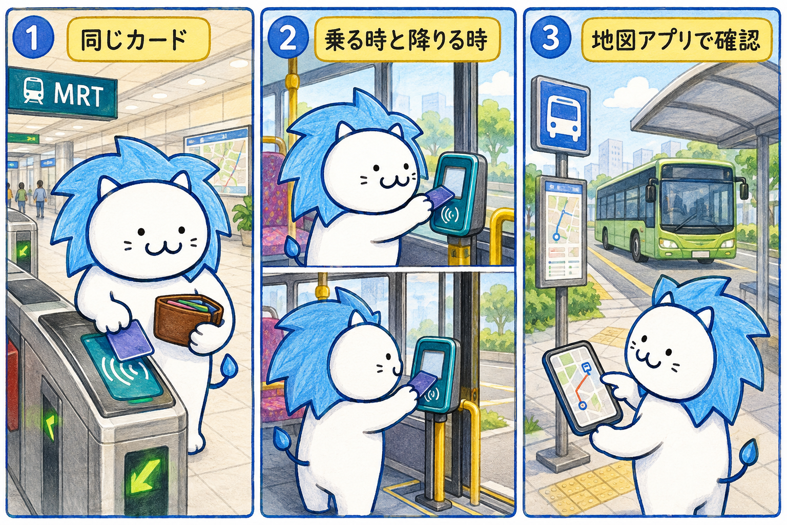 MRTでは同じカードを使い、路線バスでは乗降時にタッチして地図アプリでバス停を確認するポイント