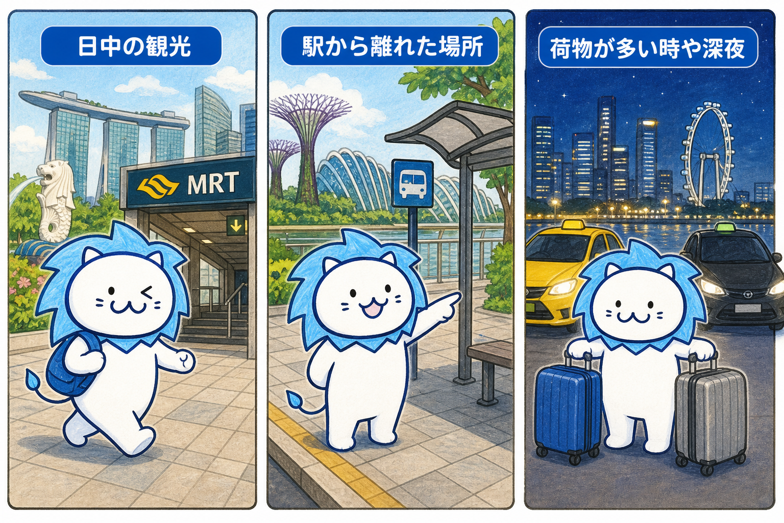 日中の観光、駅から離れた場所、荷物が多い時や深夜に合わせて交通手段を使い分ける方法