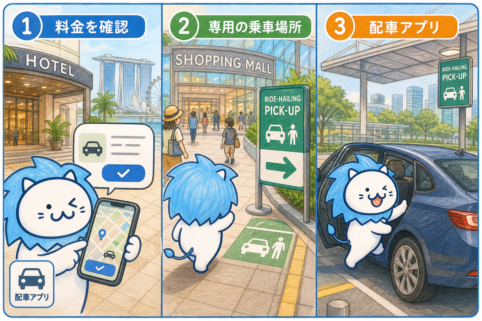 配車アプリで料金を確認し、専用の乗車場所から予約した車へ乗る流れ