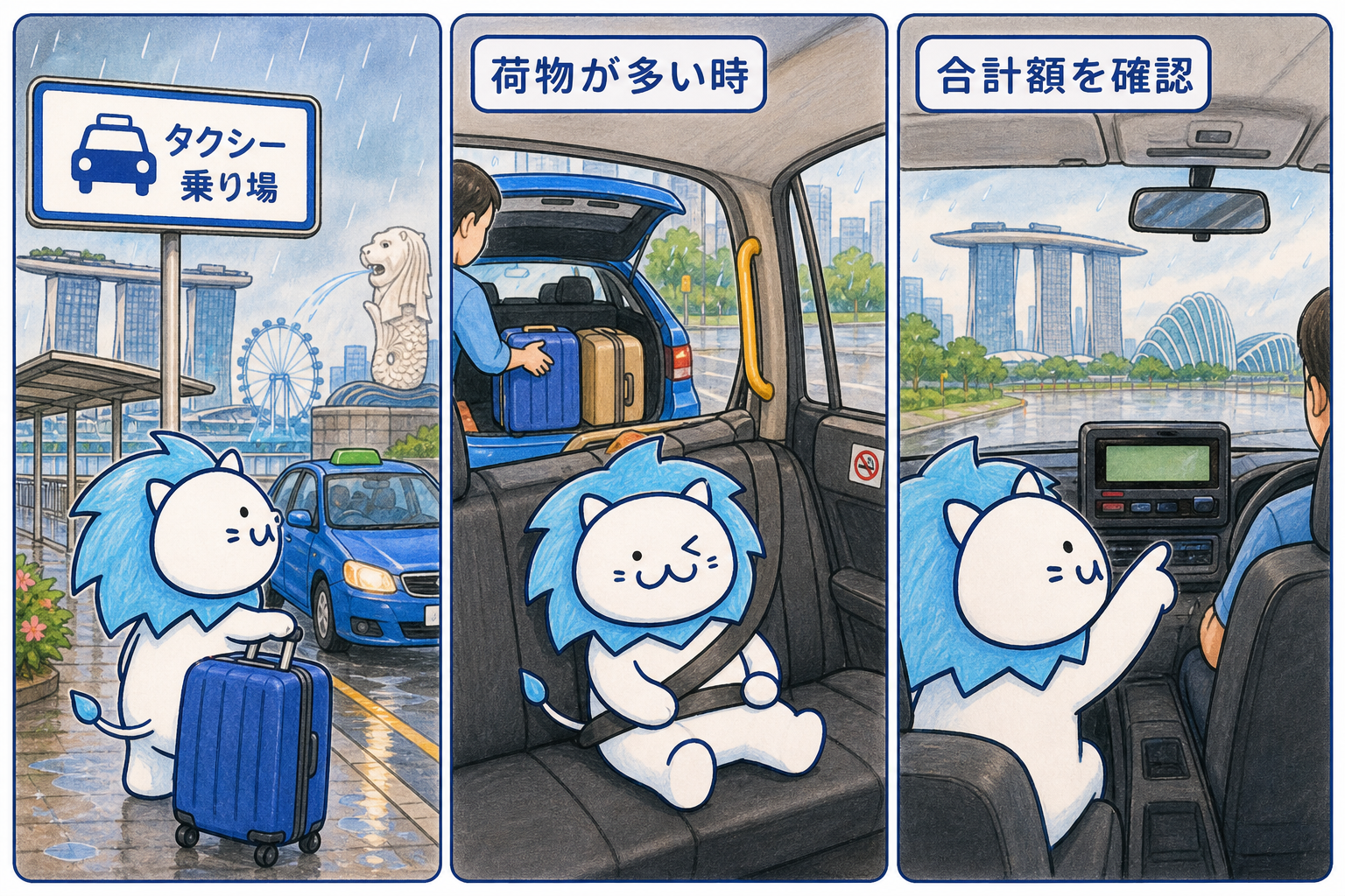 荷物が多い時にタクシー乗り場から乗車し、降車時に合計額を確認する流れ