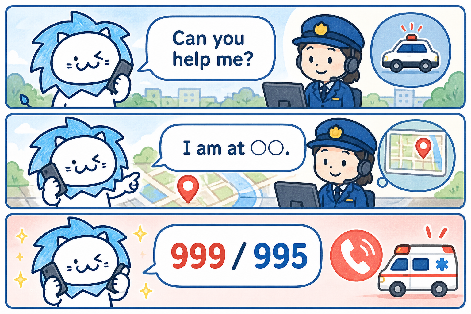 万が一のトラブル時は、「何が起きたか」と「現在地」を簡潔に伝えます。
