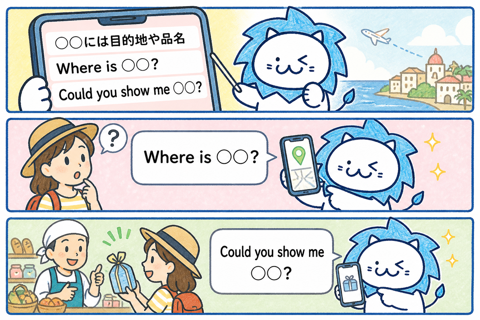 スマートフォンで見せるだけでも通じます。◯◯には目的地や品名を入れてお使いください。