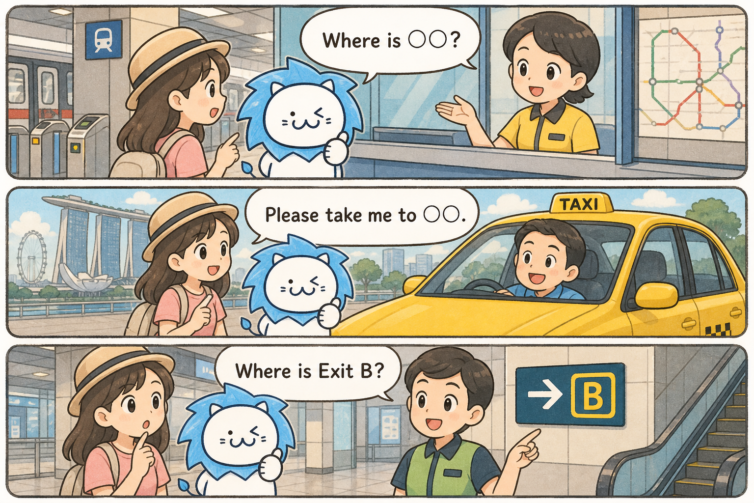 タクシーでは目的地の名称だけでなく郵便番号（Postal Code）を見せると正確にナビ設定してもらえます。