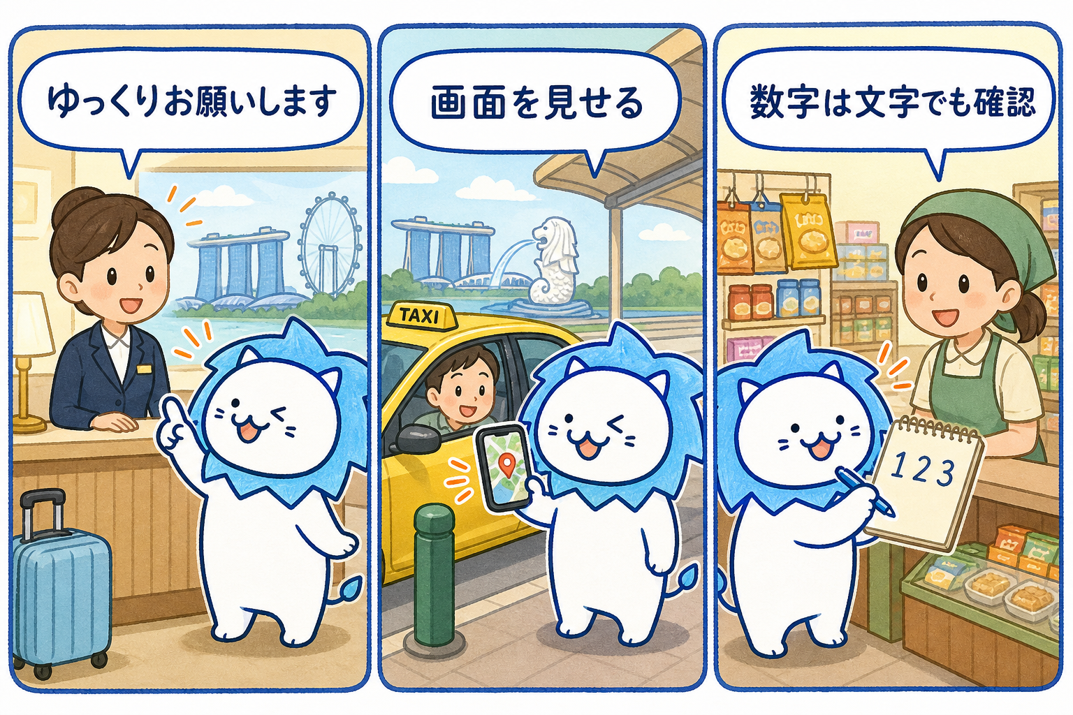 タクシーの行き先、店名、会計の金額などは、スマートフォンの画面やメモを見せ合うと聞き間違いを防げます。