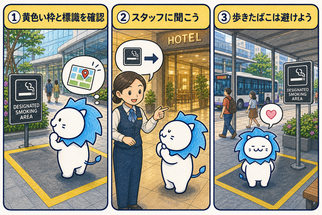 指定喫煙場所の黄色い枠と標識を確認しスタッフへ尋ねる方法