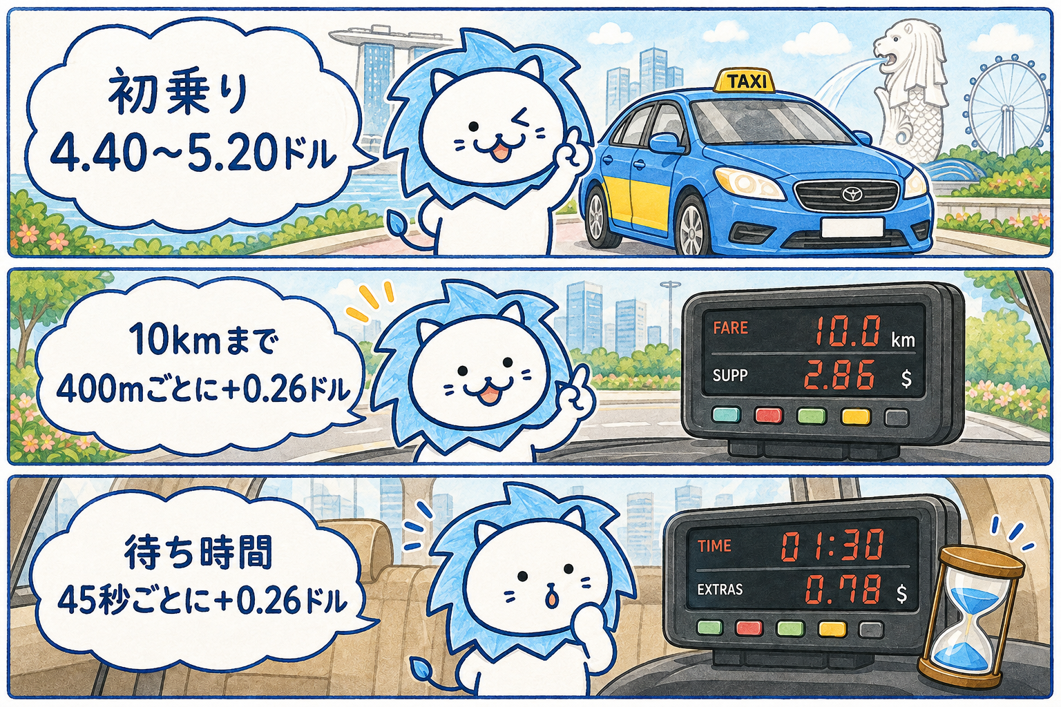 運賃は「基本メーター料金」に「時間帯・場所の追加料金」などが合算される仕組みです。