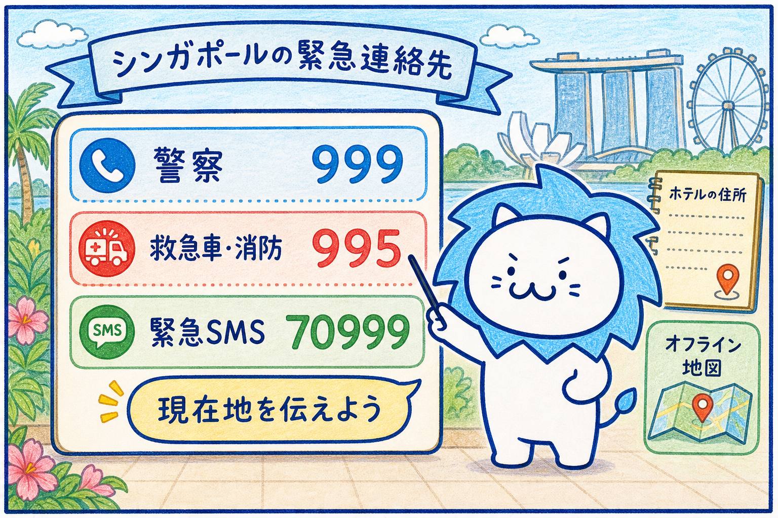 現地滞在中にトラブルが発生した際のダイヤルです。データ通信専用のSIM/eSIMでは発信できない場合があるため、万一の際の連絡手順を確認しておきましょう。