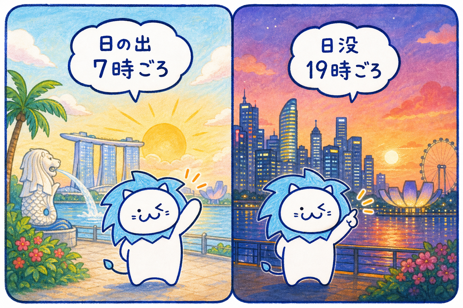 シンガポールの日の出は7時頃、日没は19時頃であることを説明