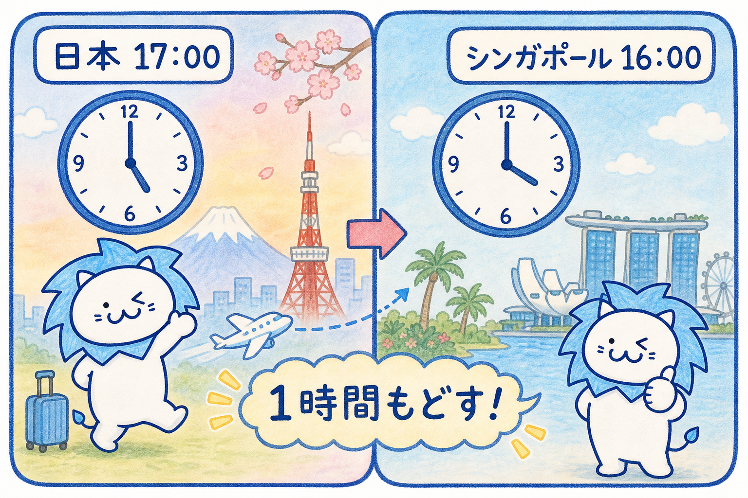 日本との時差はマイナス1時間で、日本の時刻から1時間戻すことを説明