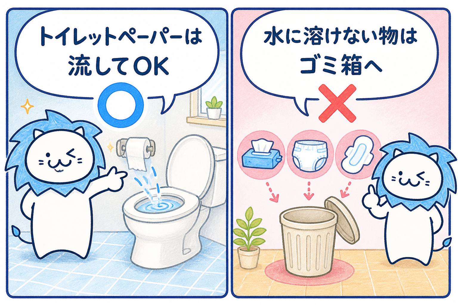 紙の流し方：ペーパーは便器へ、それ以外はゴミ箱へ