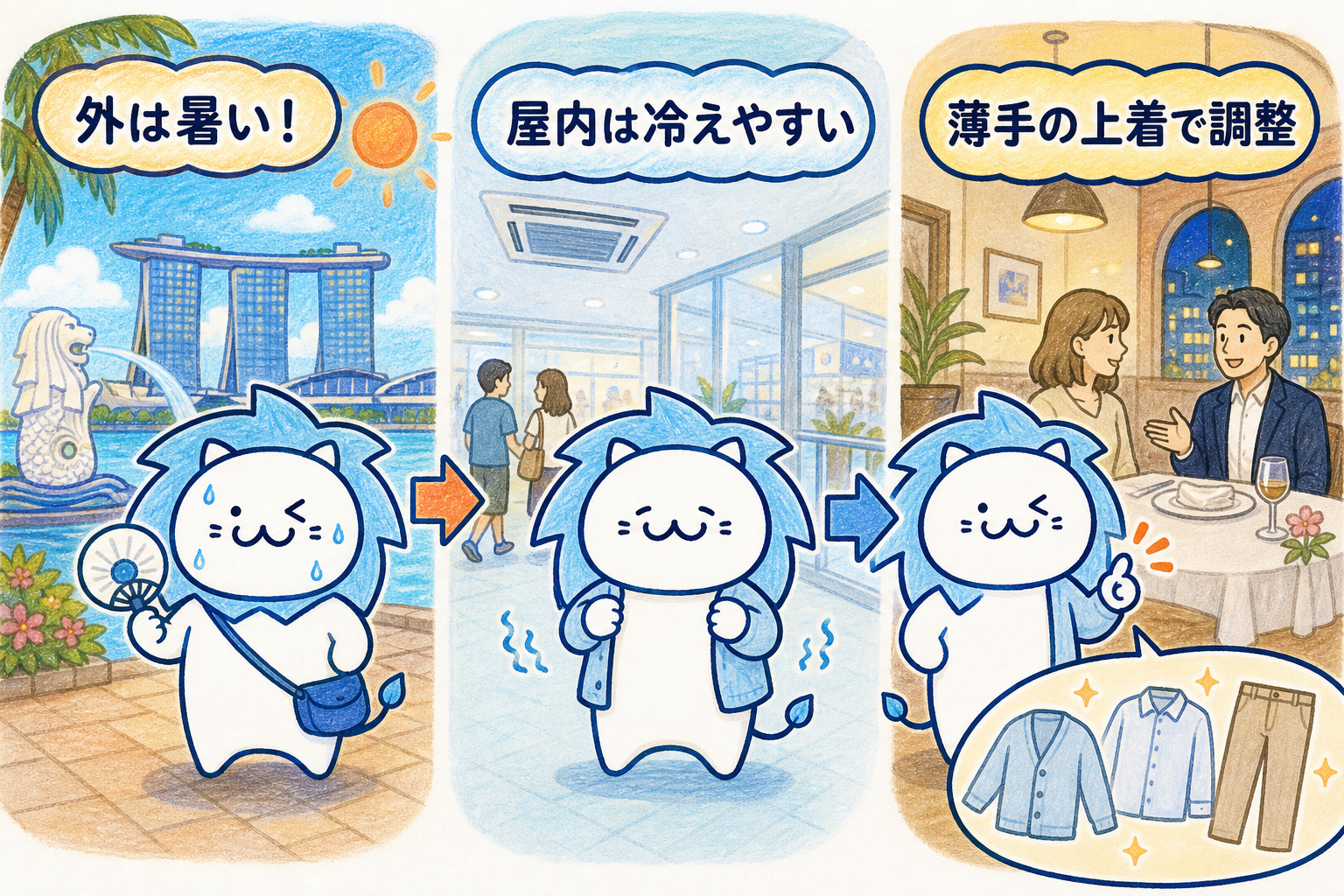 MRT（地下鉄）車内、大型商業施設、ホテル内は冷房が非常に強く効いています。薄手のカーディガンやリネンシャツなどを常にバッグへ入れて持ち歩きましょう。