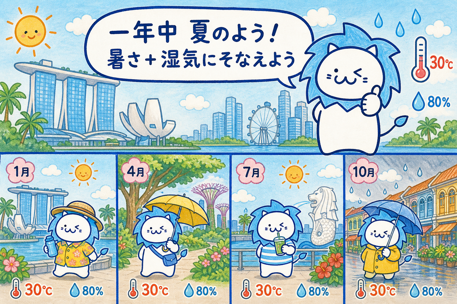 シンガポールは赤道直下に位置し、年間を通して高温多湿な熱帯気候です。
