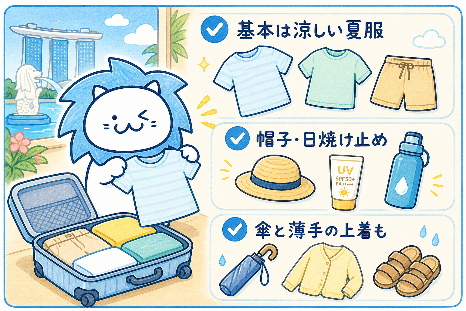 通気性・速乾性に優れたTシャツ、短パンまたは薄手のパンツが最適です。日差し対策として帽子の着用をおすすめします。