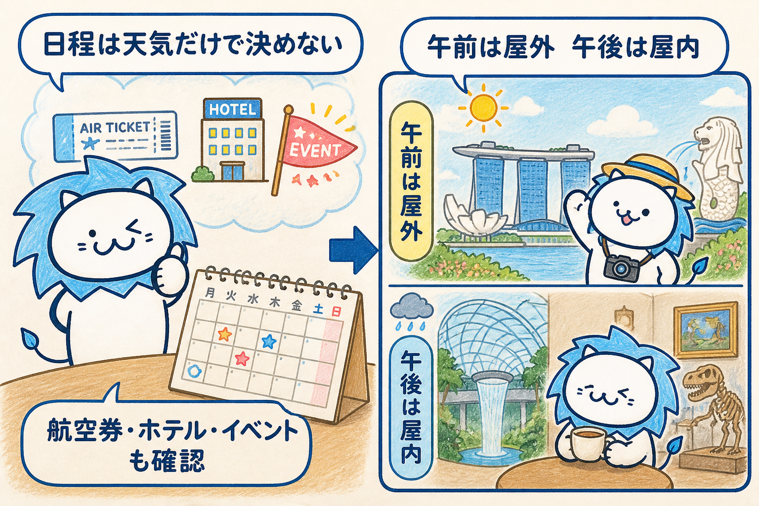 雨雲が発達しやすい午後はショッピングモールや水族館などの屋内施設、比較的晴れやすい午前中にガーデンズ・バイ・ザ・ベイや動物園などの屋外スポットを配置すると、天候に左右されず楽しめます。