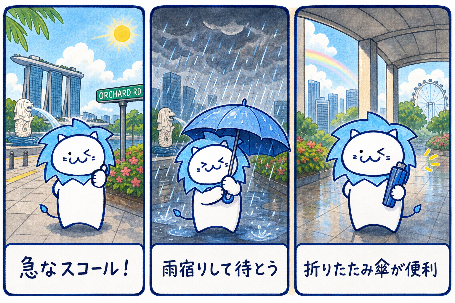 急なスコールに備えて折りたたみ傘と、濡れてもすぐに乾く靴（または歩きやすい防水シューズ）を準備しておきましょう。