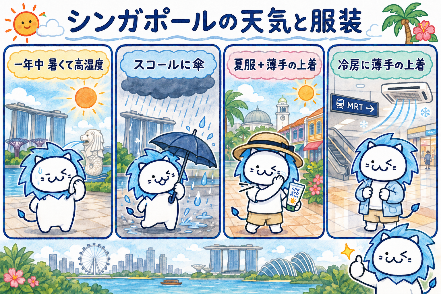 シンガポール旅行の計画に役立つ「気候・雨の傾向・服装と持ち物」のガイドです。