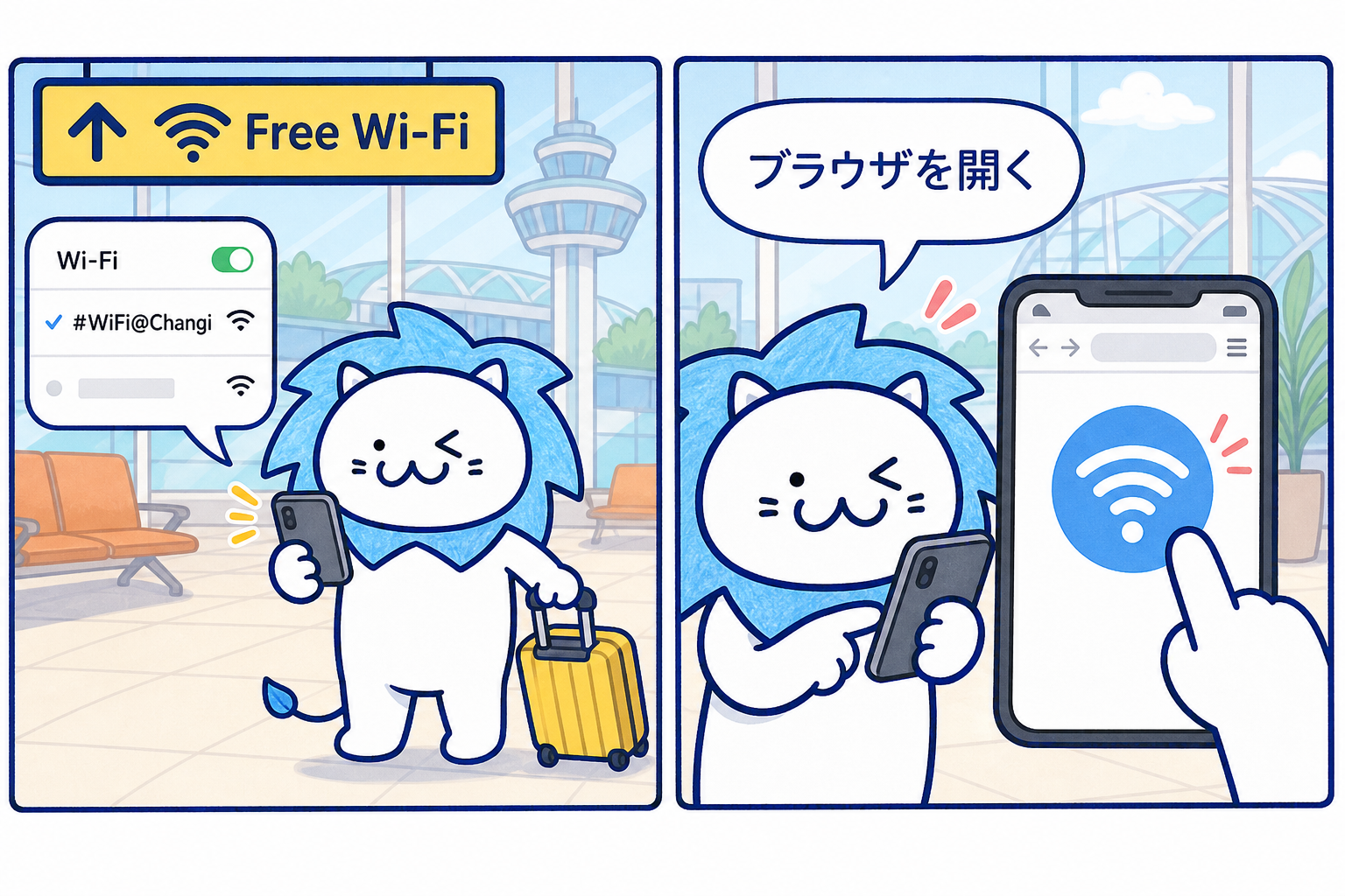 チャンギ空港で#WiFi@Changiを選びブラウザから接続する手順
