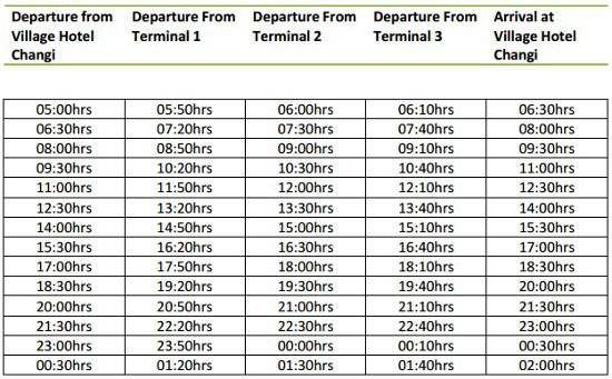 ホテルからチャンギ空港までのシャトルバスの時刻表です。