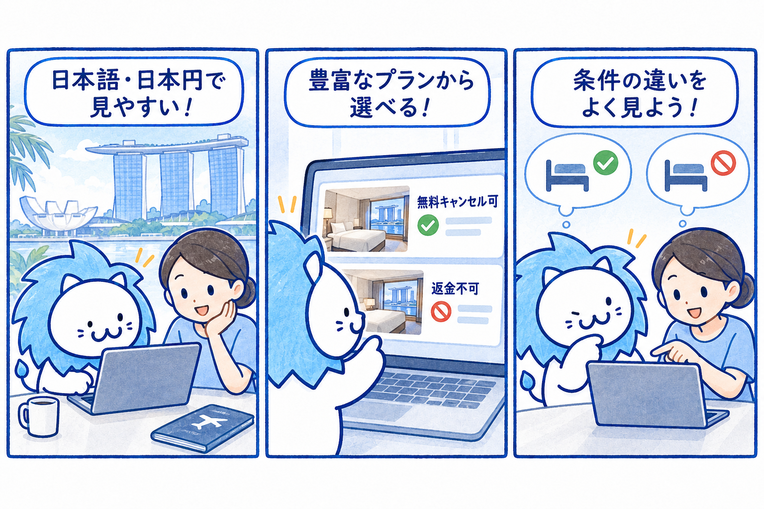 Booking.com(ブッキングドットコム)|日本円で比べやすいを説明するイラスト