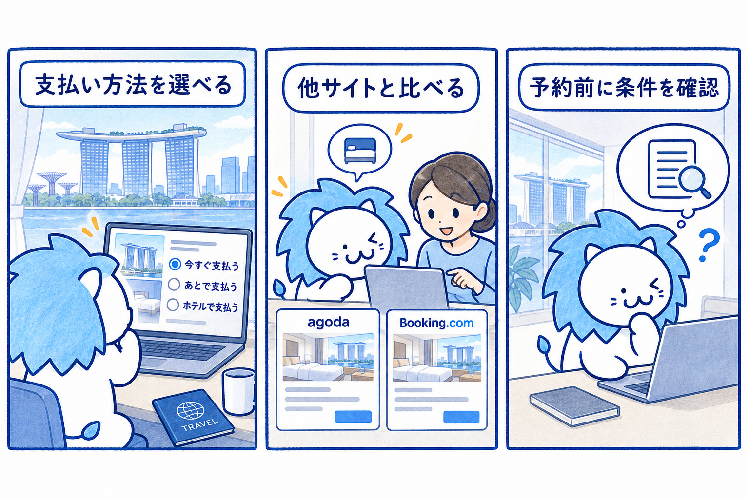 agoda(アゴダ)|支払いのタイミングを選べるを説明するイラスト