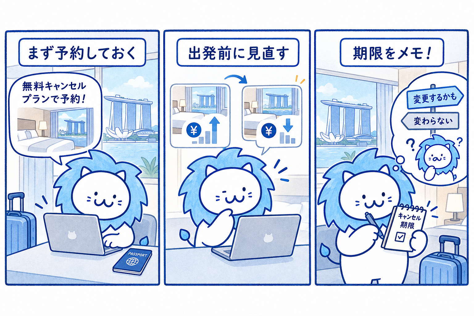無料キャンセルのプランで「押さえて、見直す」を説明するイラスト