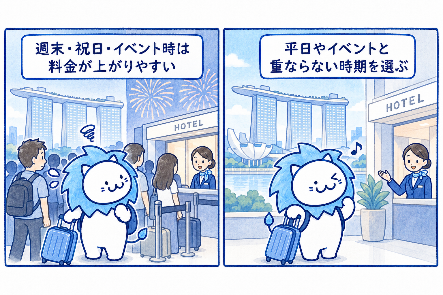 混み合う時期を避けるを説明するイラスト