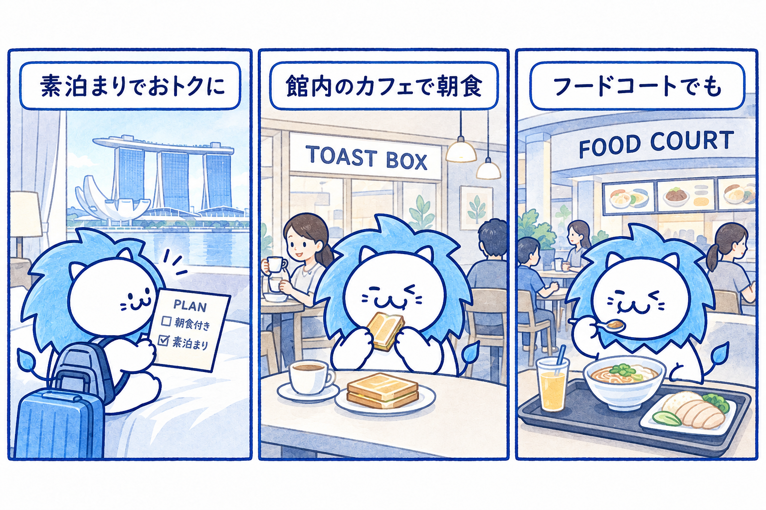 朝食なしのプランにして外で食べるを説明するイラスト