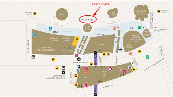 マリーナベイ・サンズの公式施設図でEvent Plazaの位置を示した地図